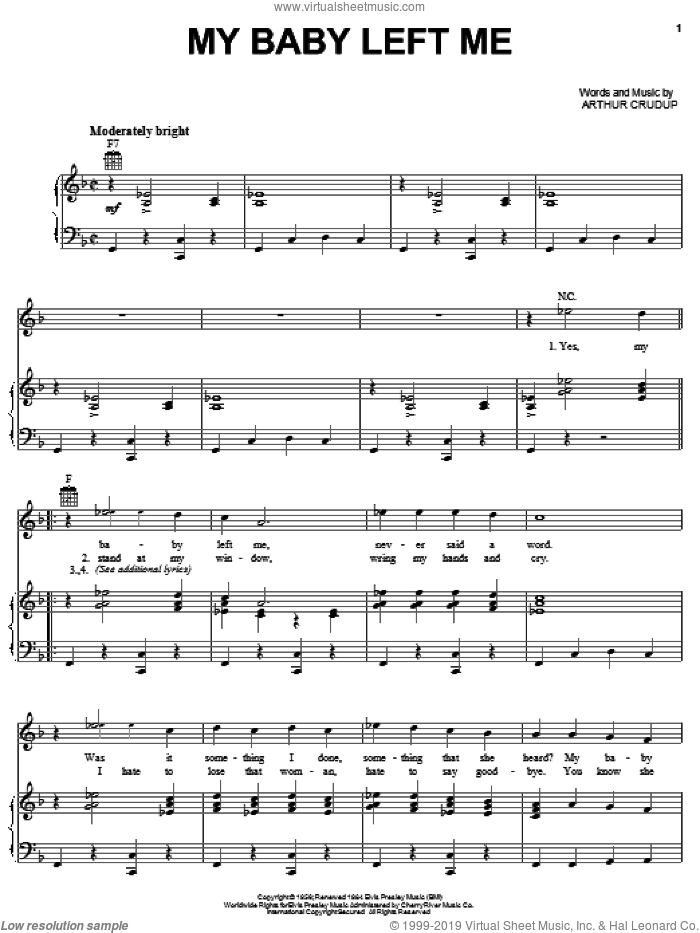 My Baby Left Me sheet music for voice, piano or guitar by Elvis Presley and Arthur Crudup, intermediate skill level