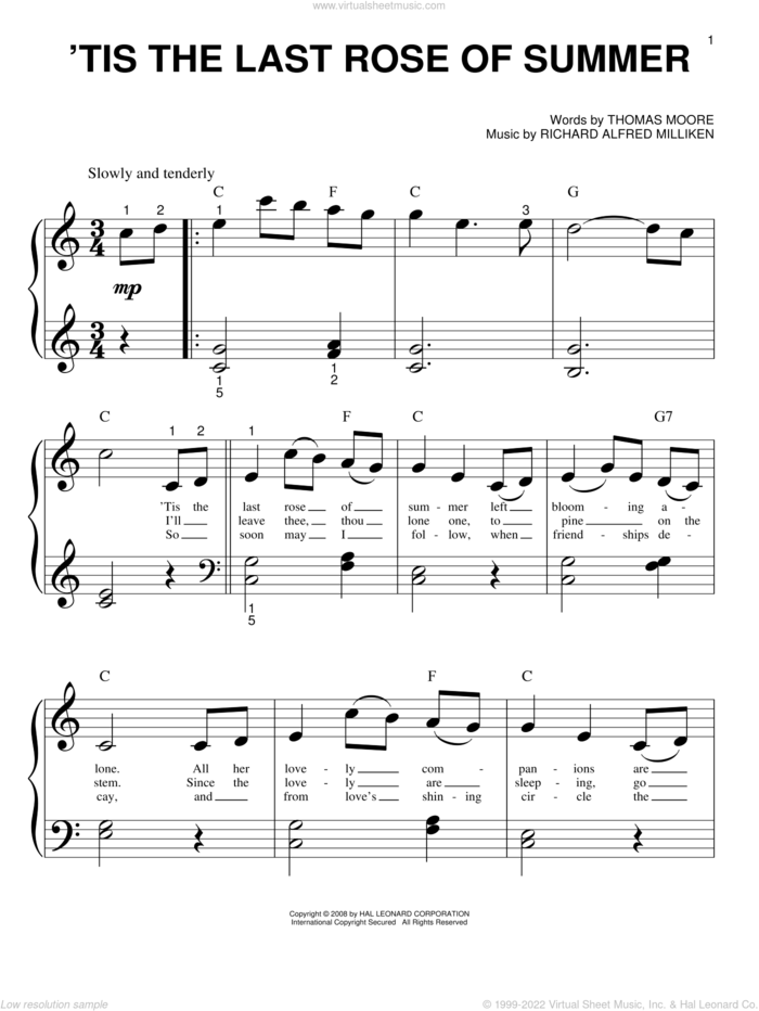 'Tis The Last Rose Of Summer sheet music for piano solo (big note book) by Thomas Moore and Richard Alfred Milliken, easy piano (big note book)