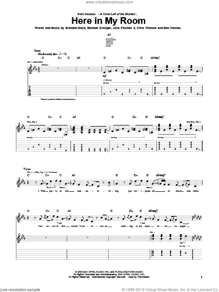 Here In My Room sheet music for guitar (tablature) by Incubus, Brandon Boyd, Jose Pasillas II and Michael Einziger, intermediate skill level