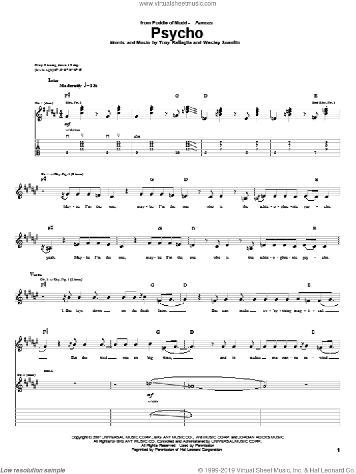 Psycho sheet music for guitar (tablature) by Puddle Of Mudd, Tony Battaglia and Wes Scantlin, intermediate skill level