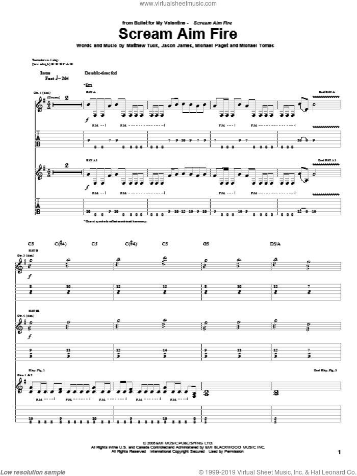 Scream Aim Fire sheet music for guitar (tablature) by Bullet For My Valentine, Jason James, Matthew Tuck, Michael Paget and Michael Tomas, intermediate skill level