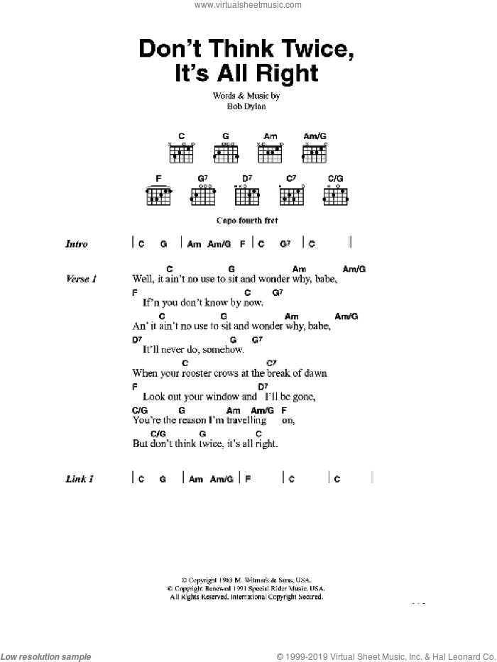 Don't Think Twice, It's All Right sheet music for guitar (chords) by Bob Dylan, intermediate skill level