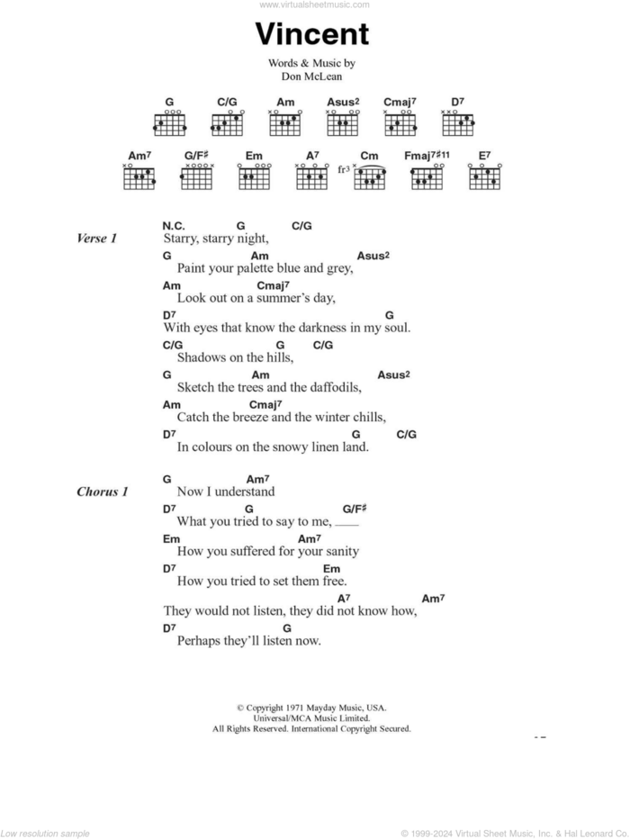 Vincent sheet music for guitar (chords) by Don McLean, intermediate skill level