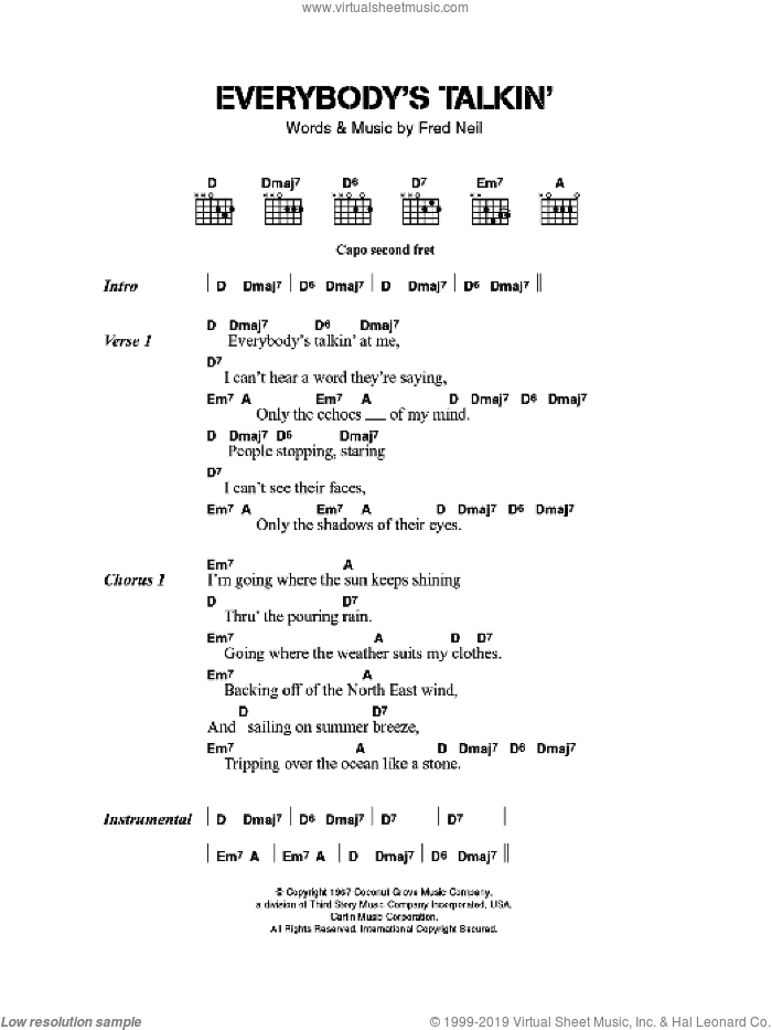 Everybody's Talkin' sheet music for guitar (chords) by The Beautiful South and Fred Neil, intermediate skill level