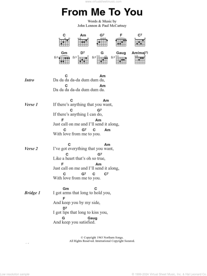 From Me To You sheet music for guitar (chords) by The Beatles, John Lennon and Paul McCartney, intermediate skill level