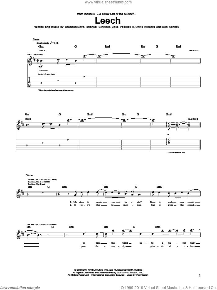 Leech sheet music for guitar (tablature) by Incubus, Brandon Boyd, Jose Pasillas II and Michael Einziger, intermediate skill level