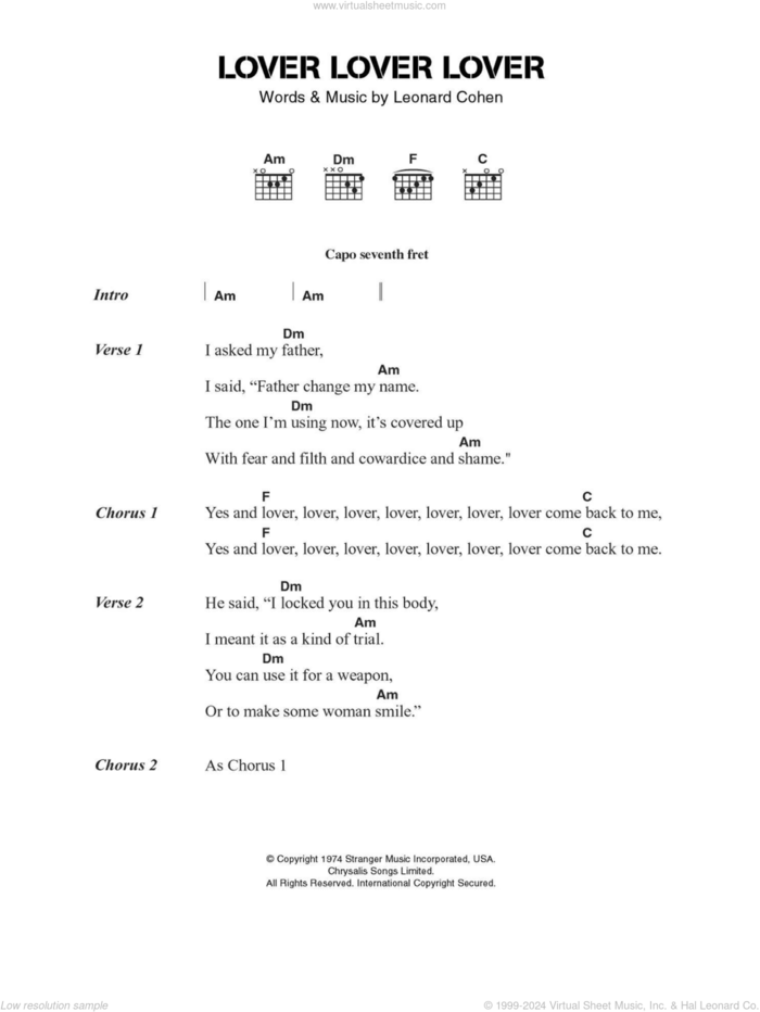 Lover Lover Lover sheet music for guitar (chords) by Leonard Cohen, intermediate skill level