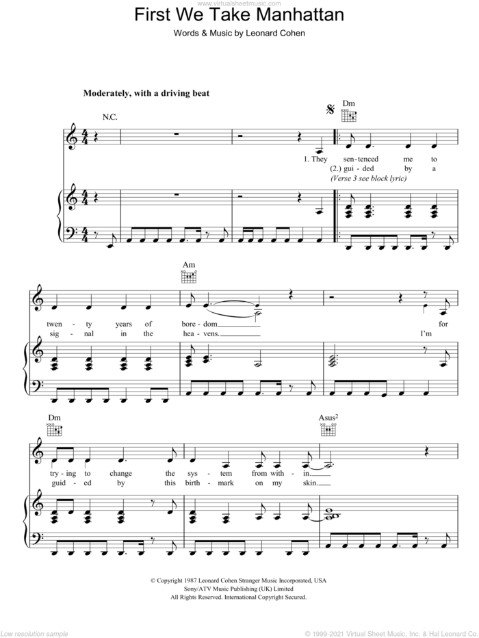 First We Take Manhattan sheet music for voice, piano or guitar by Leonard Cohen, intermediate skill level