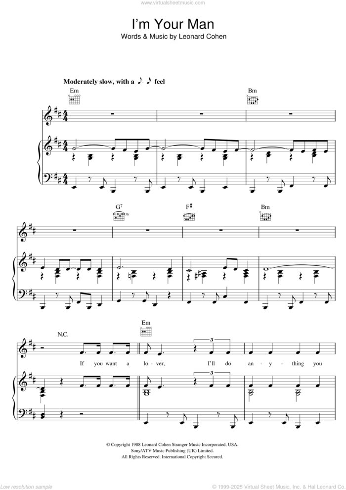 I'm Your Man sheet music for voice, piano or guitar by Leonard Cohen, intermediate skill level