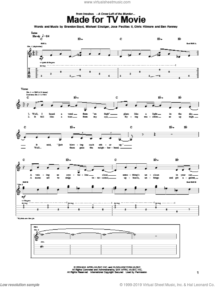 Made For TV Movie sheet music for guitar (tablature) by Incubus, Brandon Boyd, Jose Pasillas II and Michael Einziger, intermediate skill level