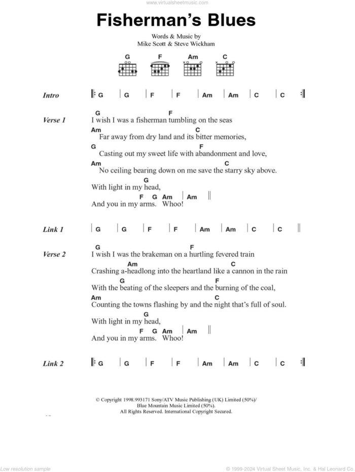 Fisherman's Blues sheet music for guitar (chords) by The Waterboys, Mike Scott and Steve Wickham, intermediate skill level