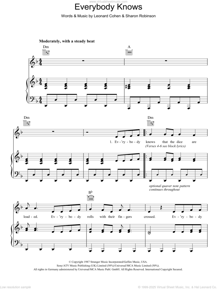 Everybody Knows sheet music for voice, piano or guitar by Leonard Cohen and Sharon Robinson, intermediate skill level