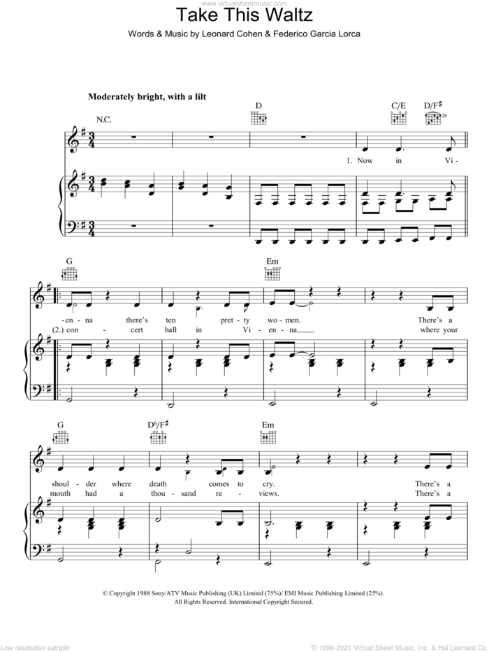 Take This Waltz sheet music for voice, piano or guitar by Leonard Cohen and Federico Garcia Lorca, intermediate skill level