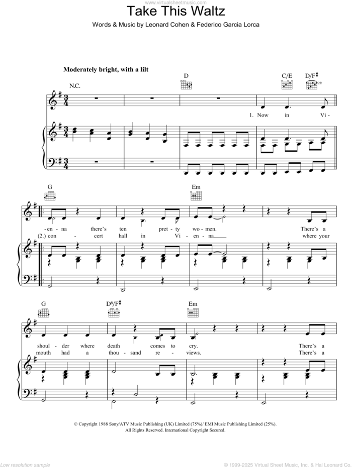 Take This Waltz sheet music for voice, piano or guitar by Leonard Cohen and Federico Garcia Lorca, intermediate skill level