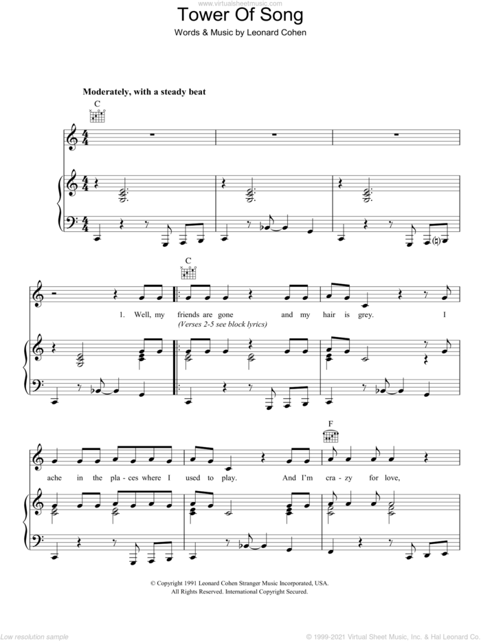 Tower Of Song sheet music for voice, piano or guitar by Leonard Cohen, intermediate skill level