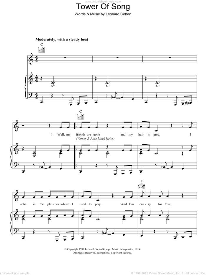 Tower Of Song sheet music for voice, piano or guitar by Leonard Cohen, intermediate skill level