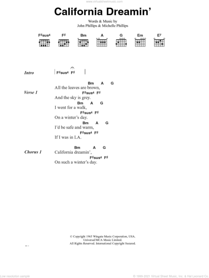 California Dreamin' sheet music for guitar (chords) by The Mamas & The Papas, John Phillips and Michelle Phillips, intermediate skill level