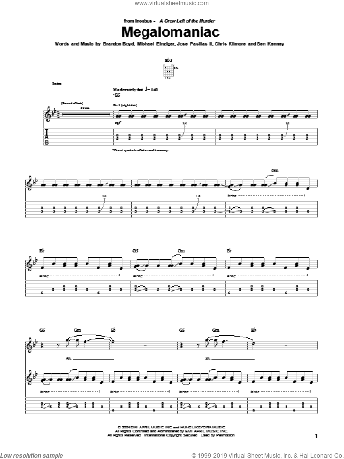 Megalomaniac sheet music for guitar (tablature) by Incubus, Brandon Boyd, Jose Pasillas II and Michael Einziger, intermediate skill level