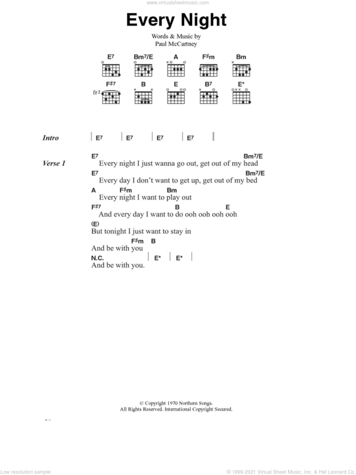 Every Night sheet music for guitar (chords) by Paul McCartney, intermediate skill level