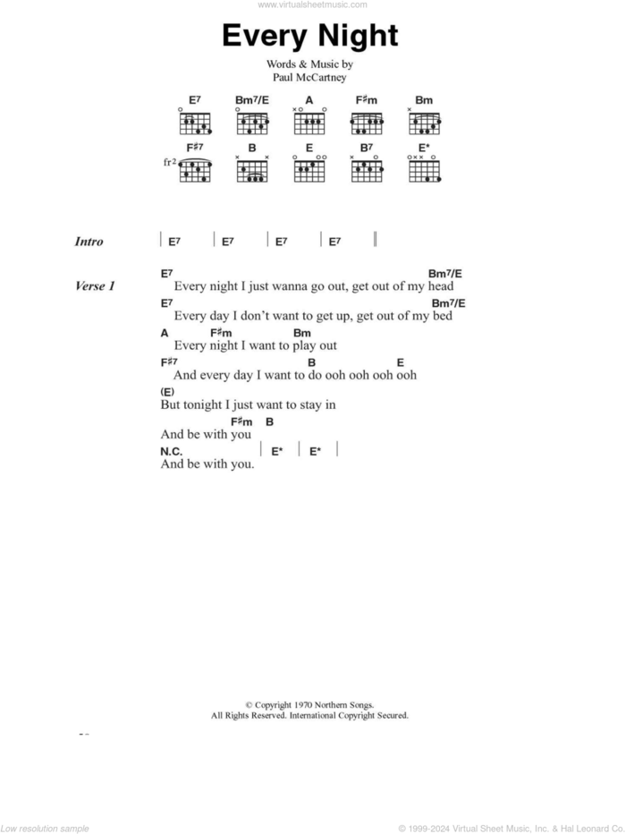 Every Night sheet music for guitar (chords) by Paul McCartney, intermediate skill level