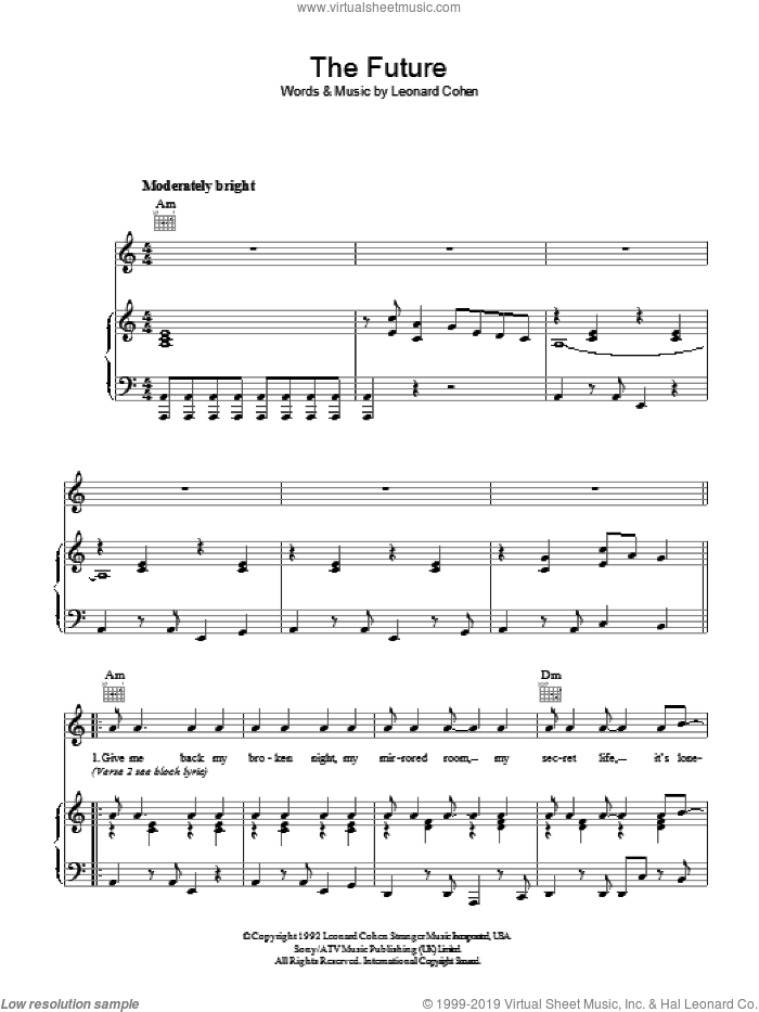 The Future sheet music for voice, piano or guitar by Leonard Cohen, intermediate skill level