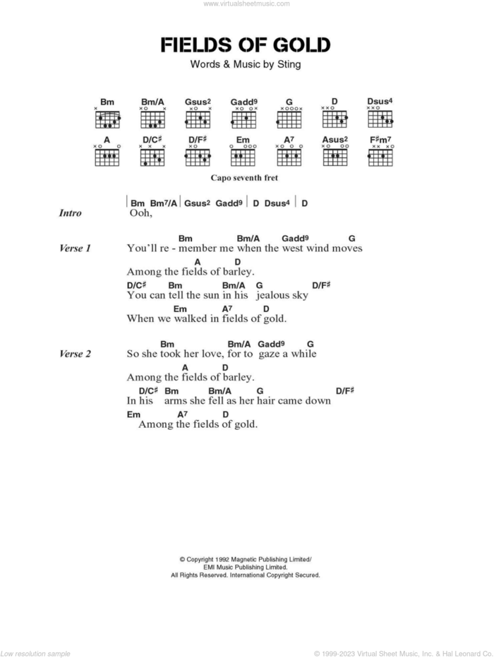 Fields Of Gold sheet music for guitar (chords) by Eva Cassidy and Sting, intermediate skill level