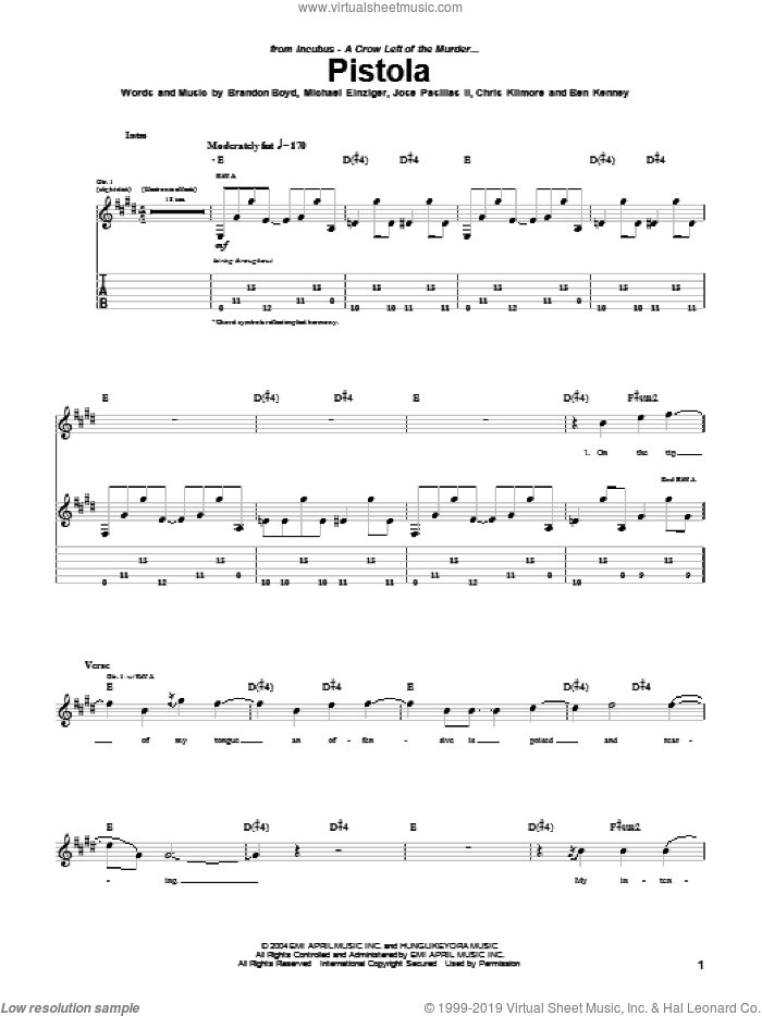 Pistola sheet music for guitar (tablature) by Incubus, Brandon Boyd, Jose Pasillas II and Michael Einziger, intermediate skill level