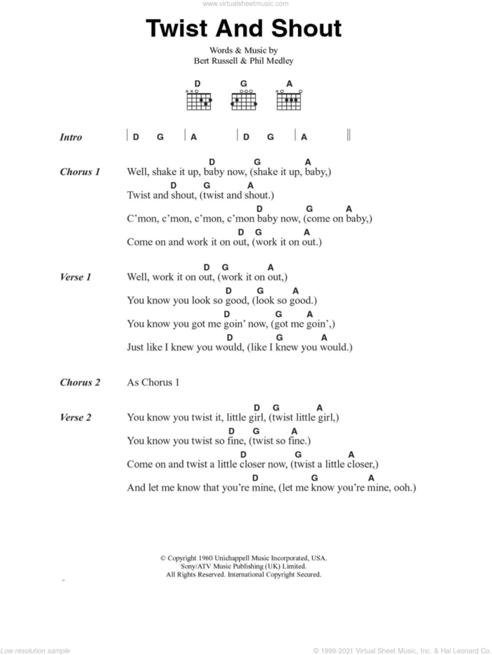 Twist And Shout sheet music for guitar (chords) by The Beatles, Bert Russell and Phil Medley, intermediate skill level
