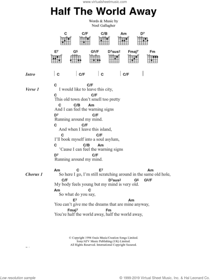 Half The World Away sheet music for guitar (chords) by Oasis and Noel Gallagher, intermediate skill level