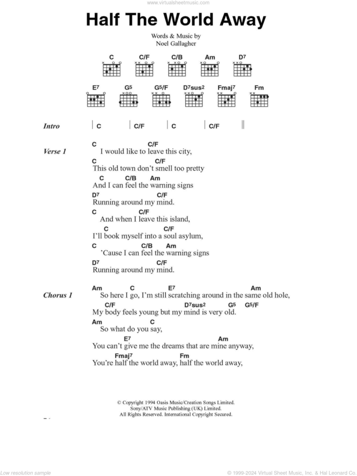 Half The World Away sheet music for guitar (chords) by Oasis and Noel Gallagher, intermediate skill level