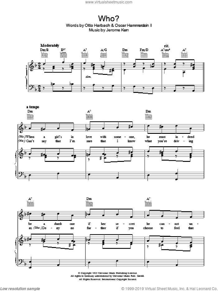 Who? sheet music for voice, piano or guitar by Jerome Kern, Oscar II Hammerstein and Otto Harbach, intermediate skill level