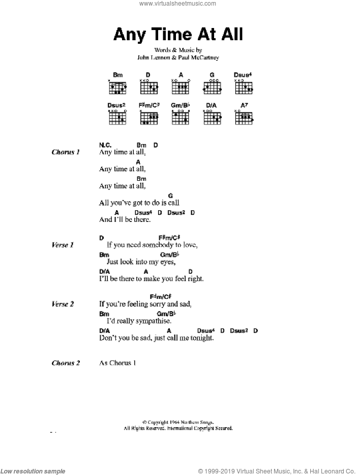 Any Time At All sheet music for guitar (chords) by The Beatles, John Lennon and Paul McCartney, intermediate skill level