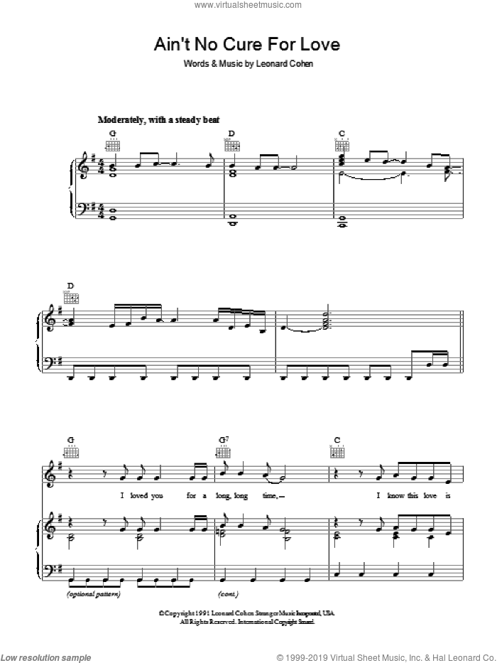 Ain't No Cure For Love sheet music for voice, piano or guitar by Leonard Cohen, intermediate skill level