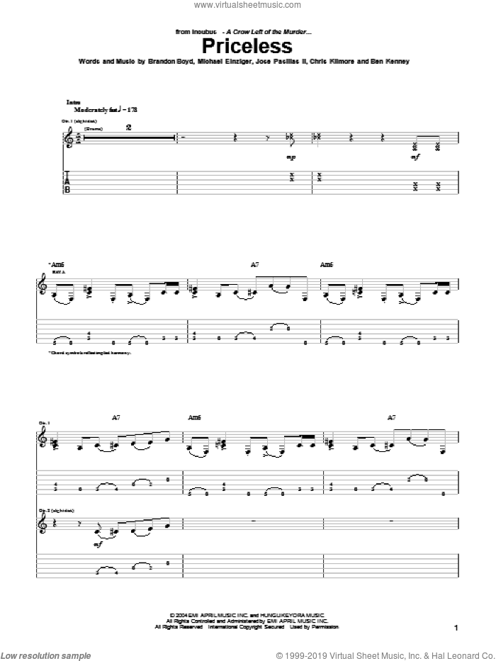 Priceless sheet music for guitar (tablature) by Incubus, Brandon Boyd, Jose Pasillas II and Michael Einziger, intermediate skill level