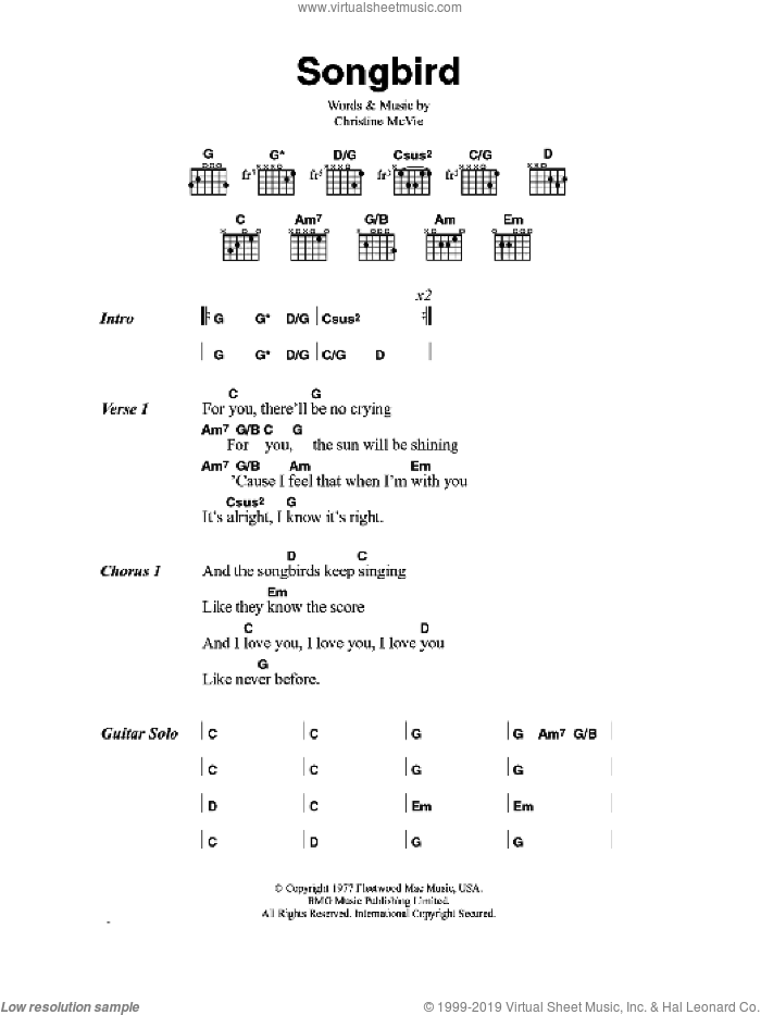 Songbird sheet music for guitar (chords) by Eva Cassidy and Christine McVie, intermediate skill level