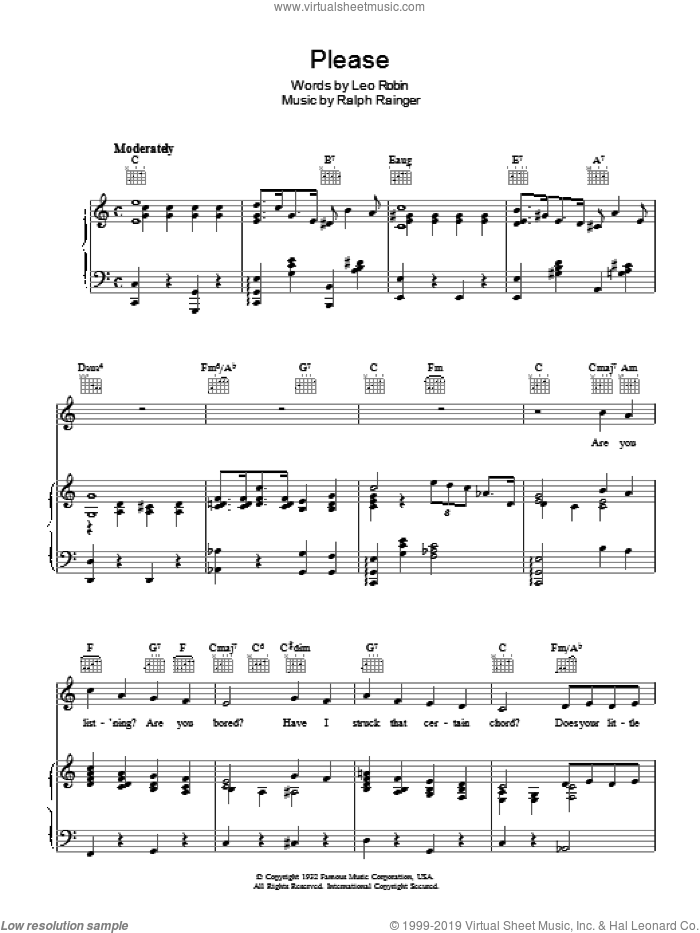 Please sheet music for voice, piano or guitar by Leo Robin and Ralph Rainger, intermediate skill level