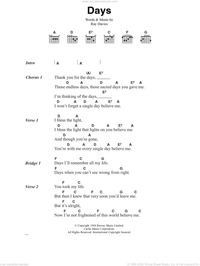 Days sheet music for guitar (chords) by Kirsty MacColl and Ray Davies, intermediate skill level