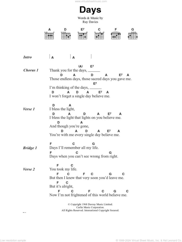 Days sheet music for guitar (chords) by Kirsty MacColl and Ray Davies, intermediate skill level