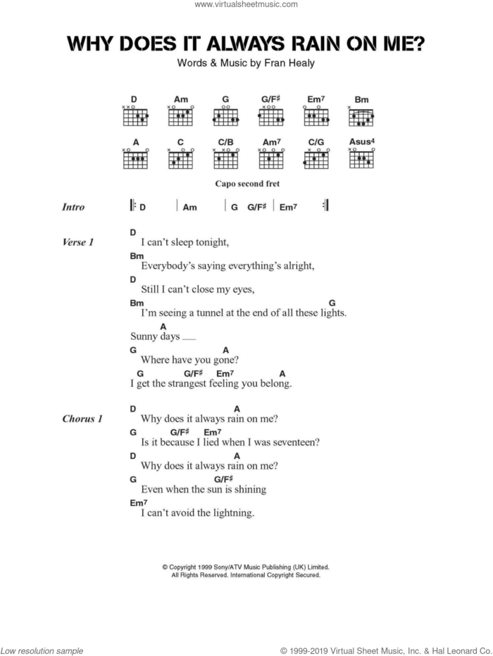 Why Does It Always Rain On Me? sheet music for guitar (chords) by Merle Travis and Fran Healy, intermediate skill level
