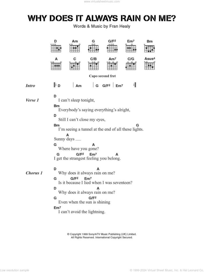 Why Does It Always Rain On Me? sheet music for guitar (chords) by Merle Travis and Fran Healy, intermediate skill level