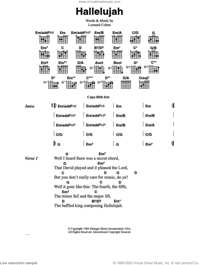 Hallelujah sheet music for guitar (chords) by Jeff Buckley and Leonard Cohen, intermediate skill level