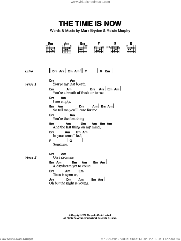 The Time Is Now sheet music for guitar (chords) by Moloko, Mark Brydon and Roisin Murphy, intermediate skill level