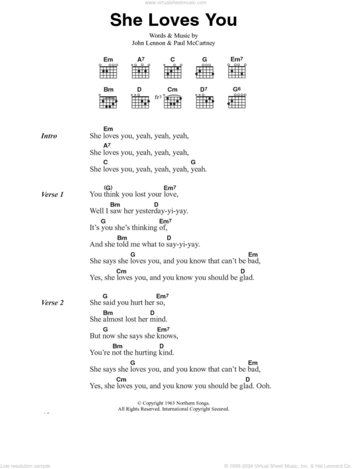 She Loves You sheet music for guitar (chords) by The Beatles, John Lennon and Paul McCartney, intermediate skill level