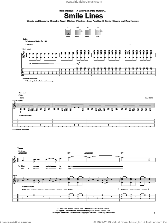 Smile Lines sheet music for guitar (tablature) by Incubus, Brandon Boyd, Jose Pasillas II and Michael Einziger, intermediate skill level