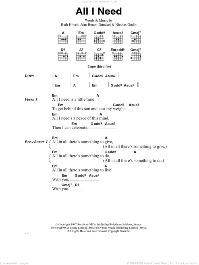 All I Need sheet music for guitar (chords) by Air, Beth Hirsch, Jean-Benoit Dunckel and Nicolas Godin, intermediate skill level