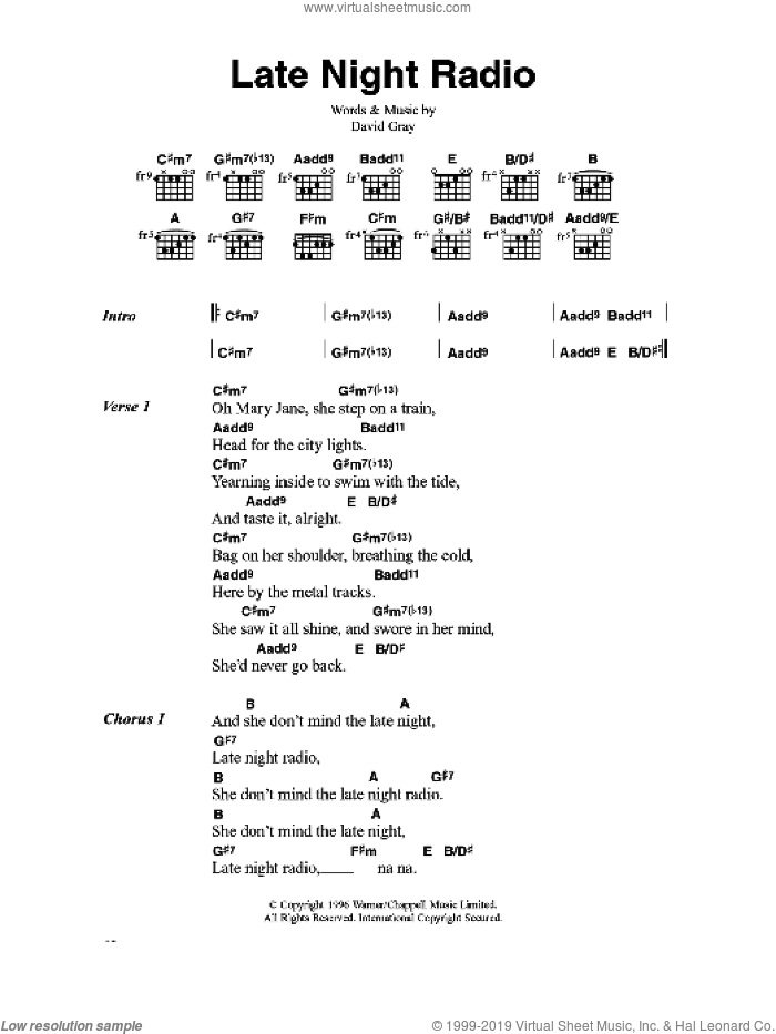 Late Night Radio sheet music for guitar (chords) by David Gray, intermediate skill level