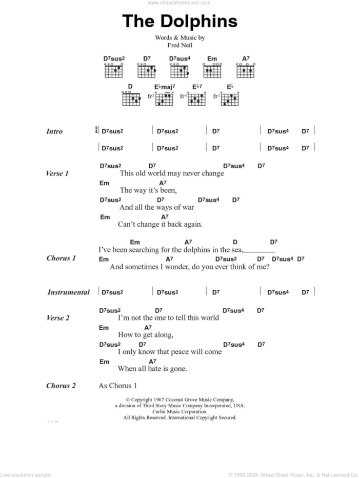 The Dolphins sheet music for guitar (chords) by Fred Neil, intermediate skill level