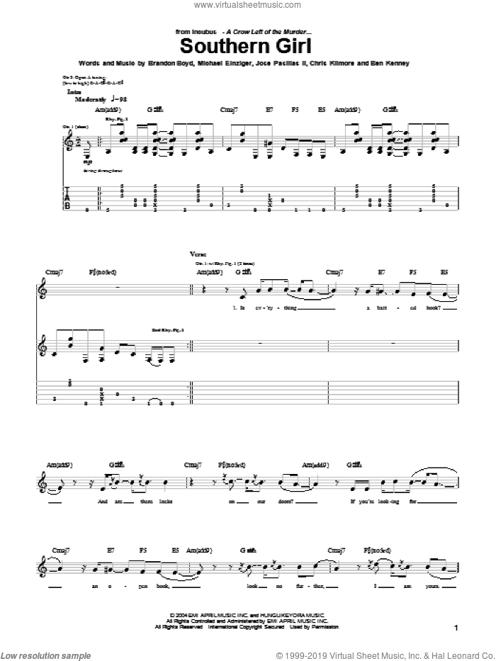 Southern Girl sheet music for guitar (tablature) by Incubus, Brandon Boyd, Jose Pasillas II and Michael Einziger, intermediate skill level