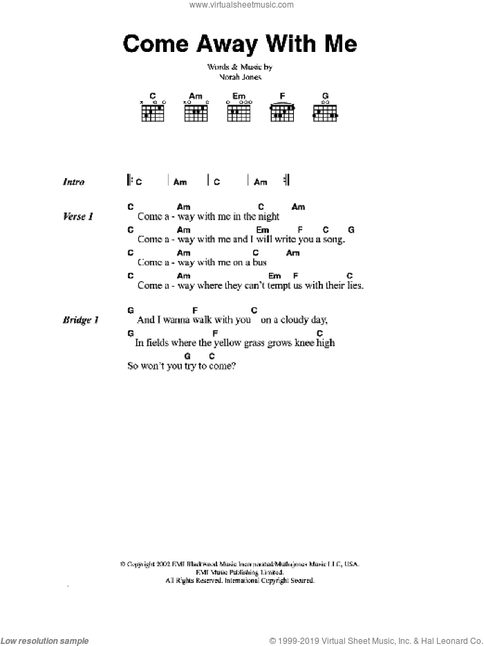 Come Away With Me sheet music for guitar (chords) by Norah Jones, intermediate skill level