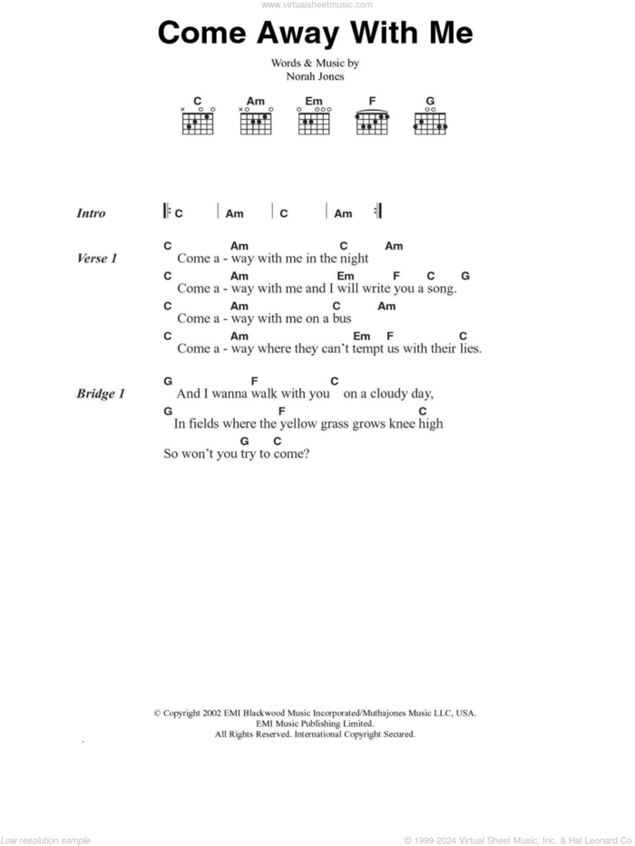 Come Away With Me sheet music for guitar (chords) by Norah Jones, intermediate skill level